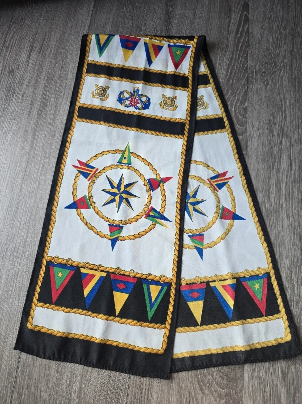 Vintage Nautical Scarf Long Black Gold Anchor Compass Rope Signal Flag Print